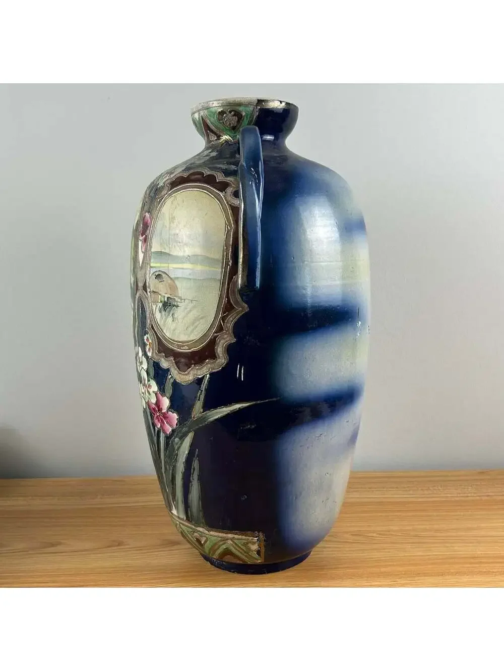 Japanese Early 1900s Art Pottery Cobalt Blue Moriage Scenic Panel Floor Vase